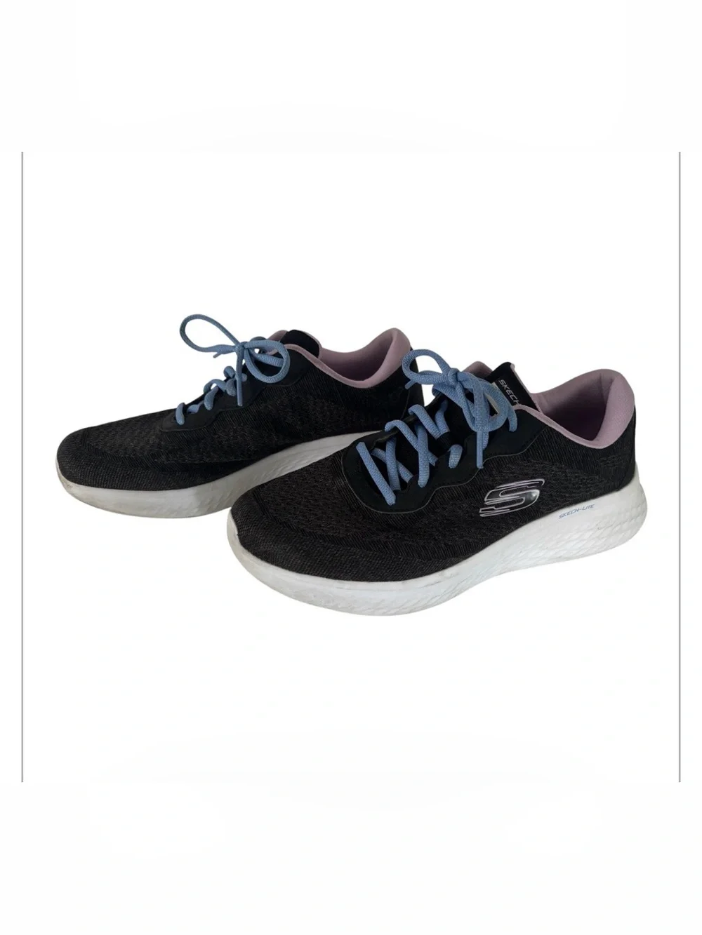 Skechers Black Athletic Sneakers with Light Blue Laces and Lavender Collar